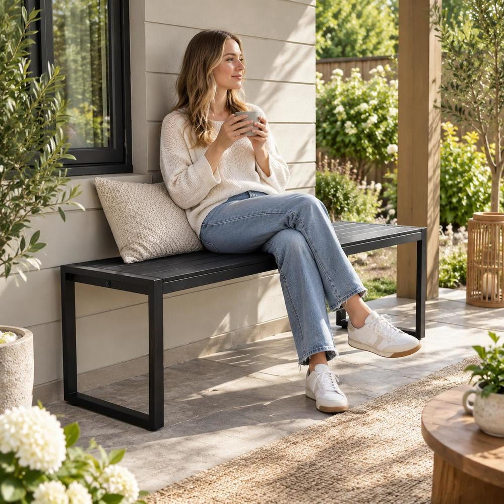 48-Inch Outdoor Garden Bench, Wood-Plastic Composite Slatted Seat and ...