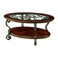 thumbnail image 1 of 48 Inch Oval Coffee Table Glass Top Scrolled Metal Legs Cherry Brown, 1 of 5