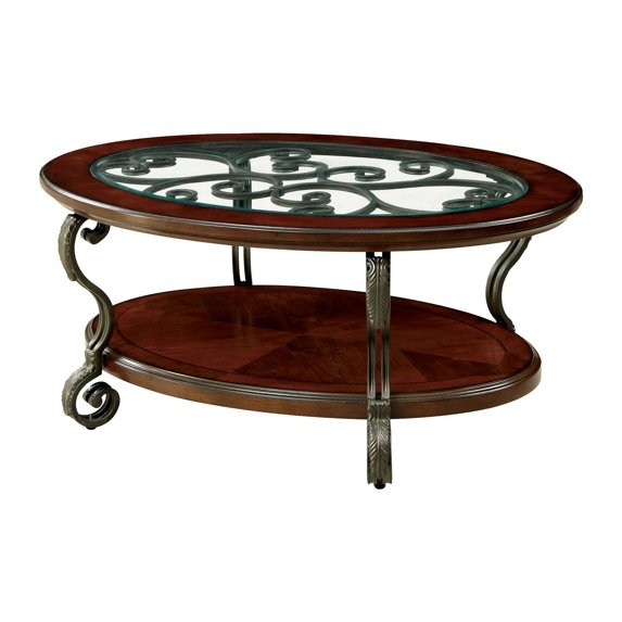 48 Inch Oval Coffee Table Glass Top Scrolled Metal Legs Cherry Brown
