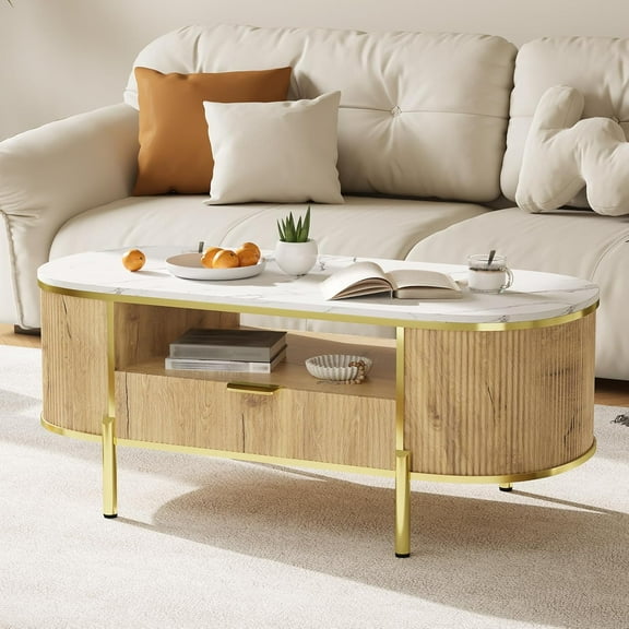48 Inch Oval Coffee Table with Storage, Modern Luxury Coffee Table with Drawer and Faux Marble Top, Fluted Center Table with Curved Profile Design for Living Room- Brown Oak