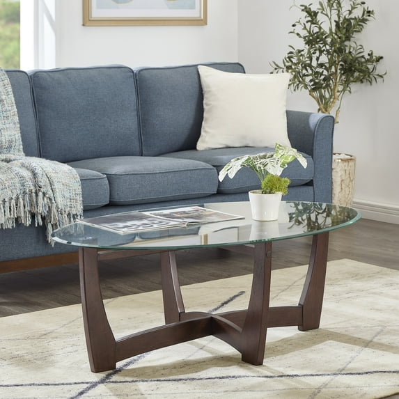 48-Inch Oval Glass Coffee Table with Cherry Wood Frame – Tempered Glass Top, Durable Design for Living Room, Office, and Apartment Spaces