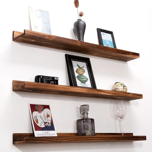 48 Inch Picture Ledge Shelf Set of 3, Wall Mount Carbonized Burnt Black Floating Wall Shelves Photo Ledge Natutal Pine Wood for Bedroom, Living Room, Office, Kitchen, Bathroom Same Dimensions