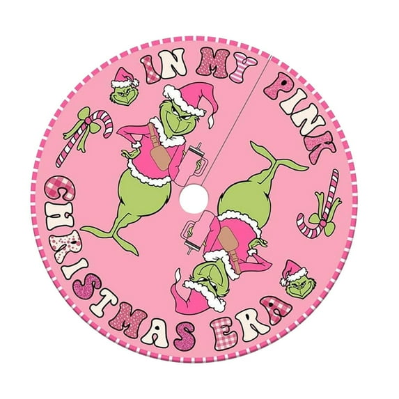 48 Inch Pink Merry Christmas Tree Skirt Ornament, Funny And Soft Cartoon Pattern Tree Mat Home Decoration For Holiday Party Supplies