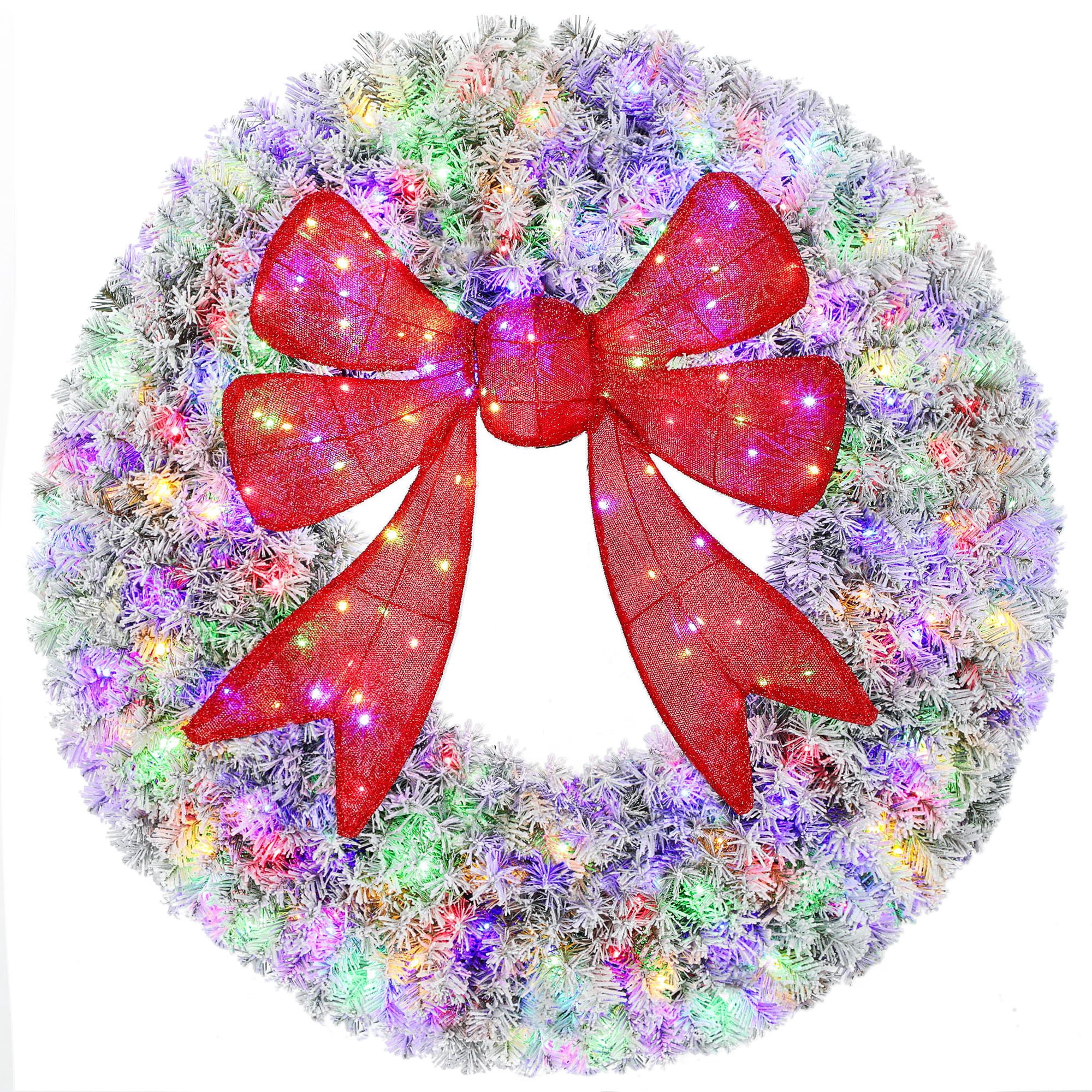 48-Inch Pre-Lit Christmas Wreath with 3D Bow, 200 LED Lights, 11 Lighting Modes, Remote Control, Flocked Front Door Decoration for Indoor and Outdoor Use