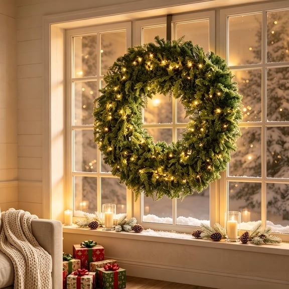 48 Inch Pre-Lit Crestwood Spruce Christmas Wreath with Bow, 8 Lighting Modes, 550 Realistic PVC PE Tips, Warm White LED, Outdoor Holiday Door Decor