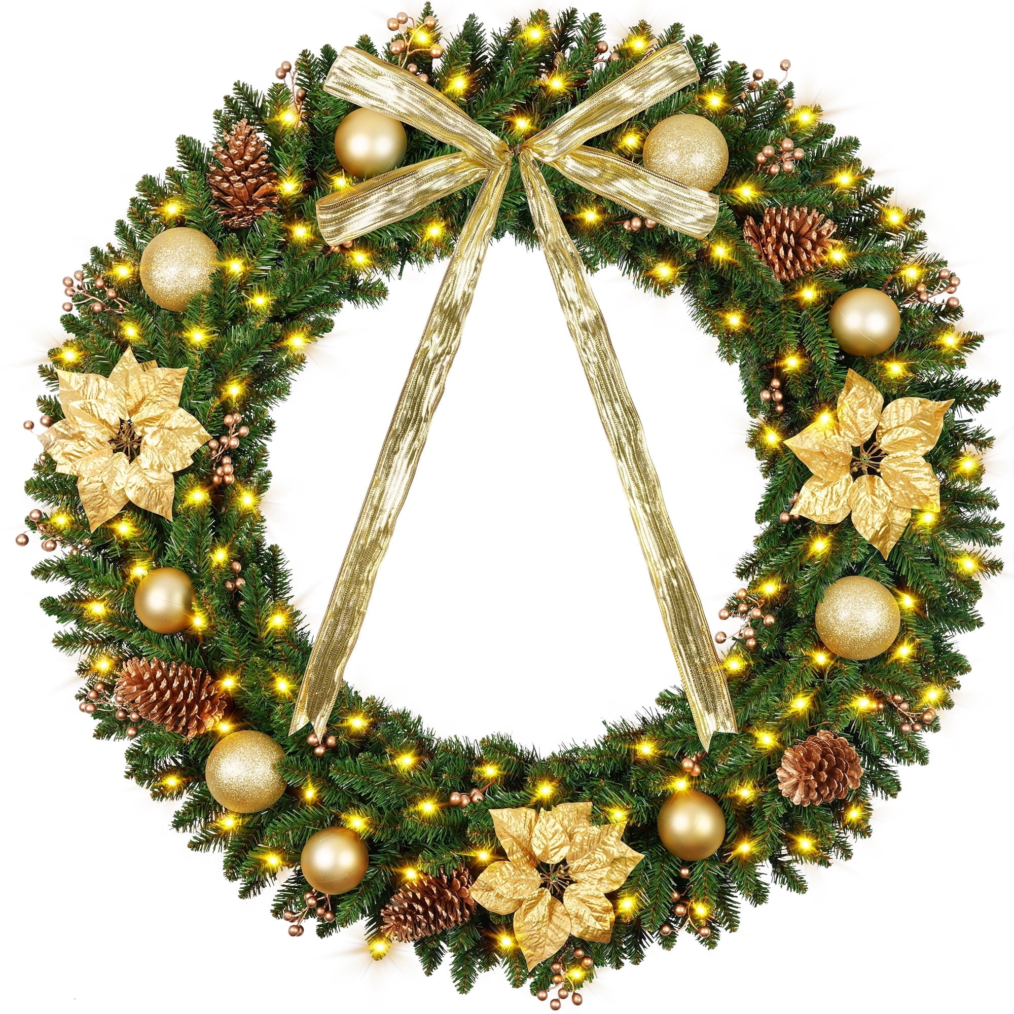 48 Inch Pre Lit Christmas Wreath with Colorful 200 LED Light, Golden ...