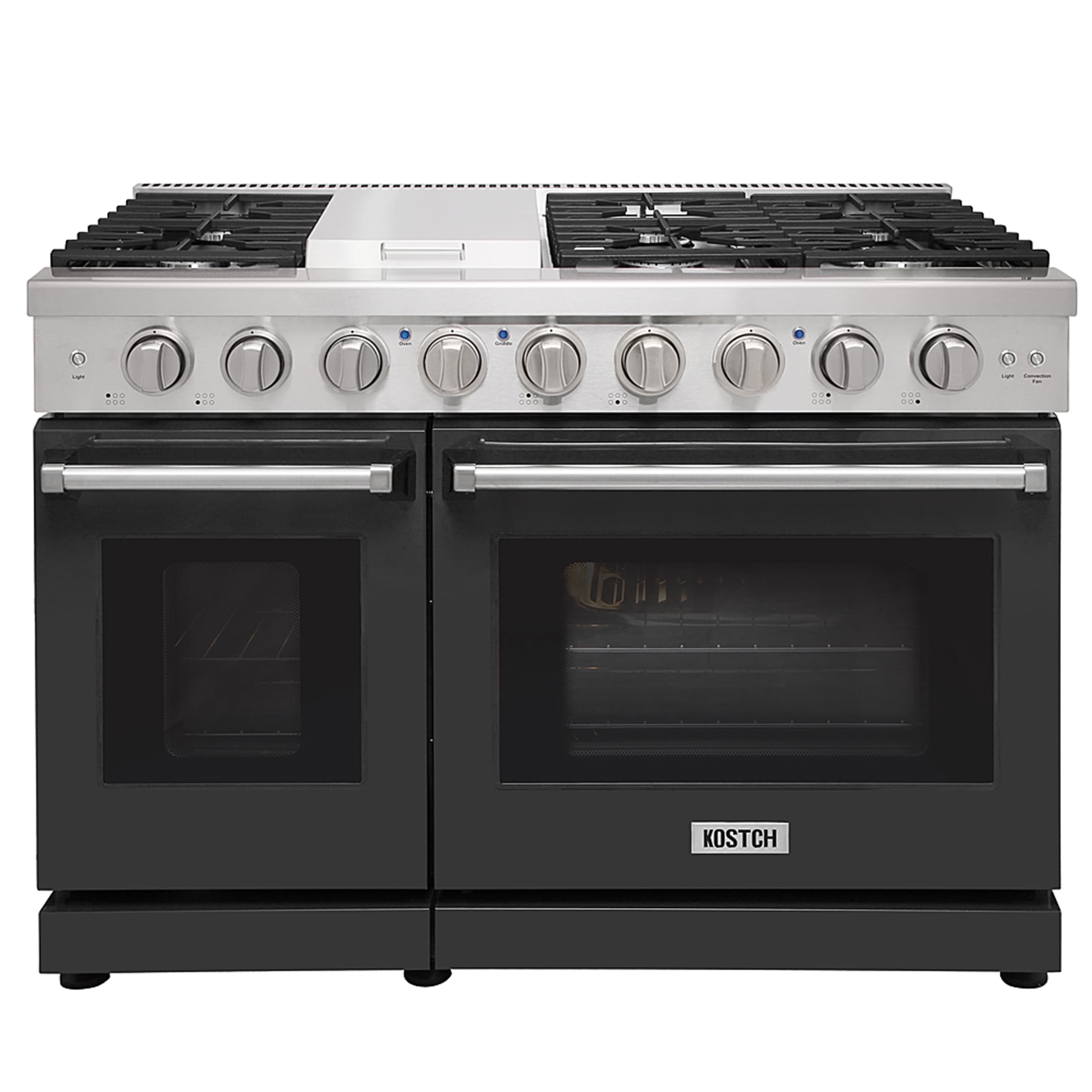 KOSTCH 48in Natural Gas Range with 6 Burners & 1 Griddle and Double Ovens, Stainless Steel in Black