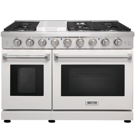 KOSTCH 48in Natural Gas Range with 6 Sealed Burners & 1 Griddle, Double Ovens (4.6 & 2.2 Cu. ft.), Stainless Steel in White, 110V