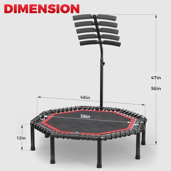48 Inch Rebounder Trampoline with T-Bar Handle for Adults, Portable Mini Exercise Bounce Bed with 8mm Bungee Cords, Quiet Indoor Outdoor Fitness Equipment