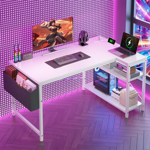 48 Inch Reversible L Shaped Gaming Desk, Computer Desk with Storage Shelves & Side Organizer, Power Outlets USB Ports for Home Office Bedroom, White
