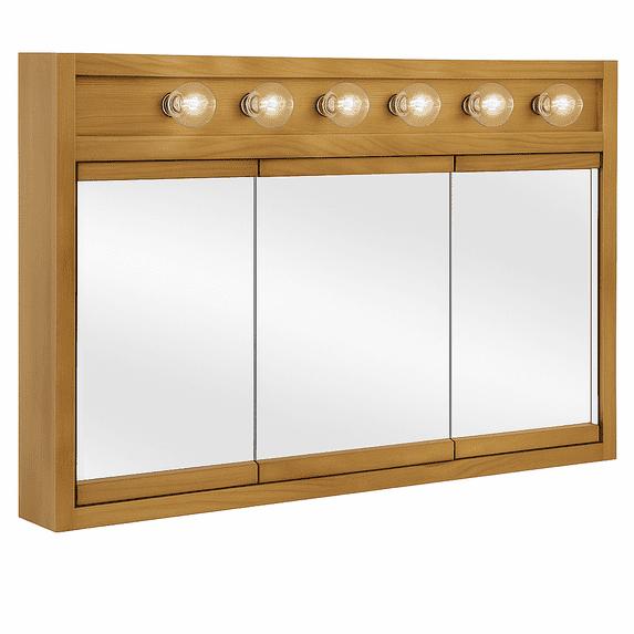 Design House Richland 48 Inch Tri-View Bathroom Medicine Cabinet with 6-Light and Nutmeg Oak Finish