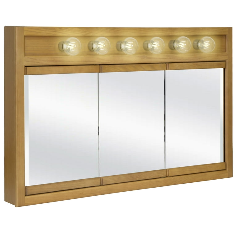 Richland 48 in. W x 30 in. H x 5 in. D Framed 6-Light Tri-View Surface-Mount Bathroom Medicine Cabinet in Nutmeg Oak Richland 48 in. W x 30 in. H x 5 in. D Framed 6-Light Tri-View Surface-Mount Bathroom Medicine Cabinet in Nutmeg Oak