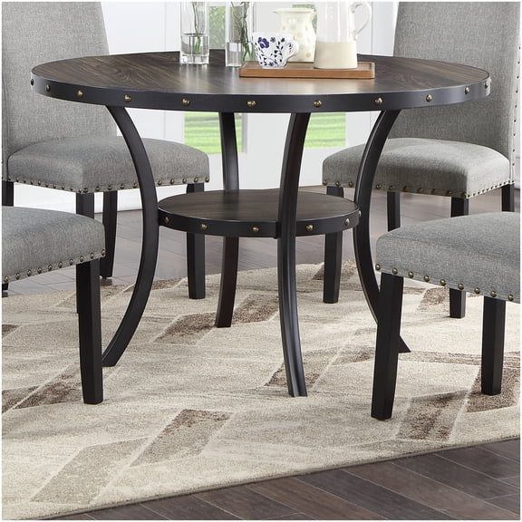 48 Inch Round Dining Table, Natural Rubber Wood with Storage, Nail Head Accent Contemporary Dining Room Table