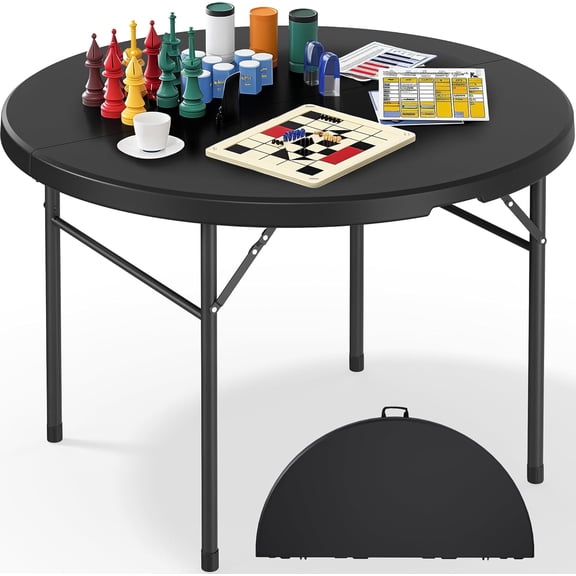 48 Inch Round Folding Table with Carrying Handle, Portable Folding Round Table w/Heavy Duty Frame and Thick Tabletop for Indoor and Outdoor Dining, Camping, Parties, Picnics, BBQs, Black