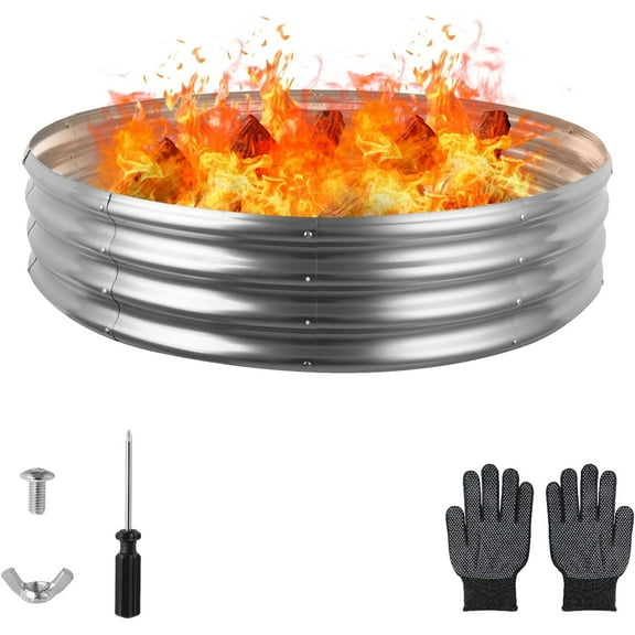 48 Inch Round Galvanized Fire Ring - Silver, 4 Feet Diameter Outdoor Fire Pit for Backyard, Camping, Bonfire