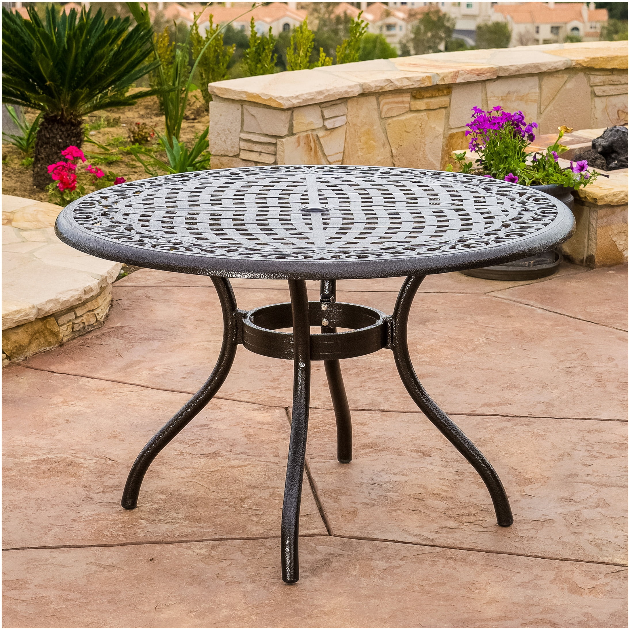 48 inch black iron patio table with umbrella hole PHI VILLA Round w/Umbrella Hole, Metal Table for 4, Metal Woven Wicker/Rattan Mondawe Aluminum Round Outdoor Dining