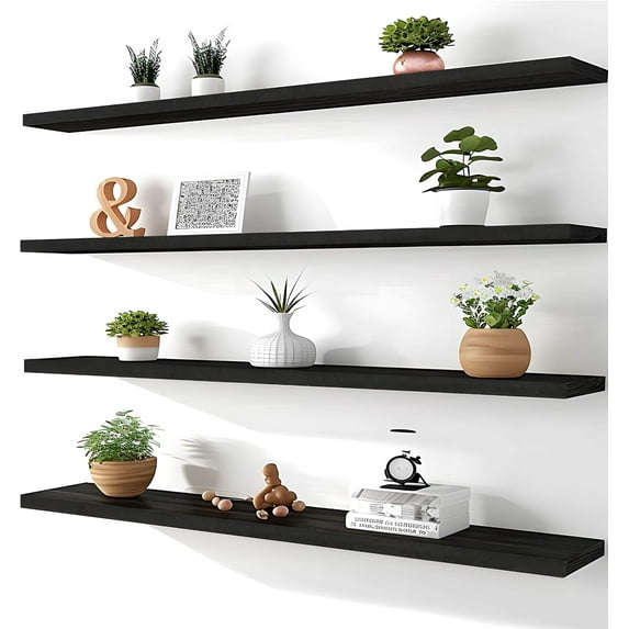 48 Inch Rustic Farmhouse Floating Shelves for Wall Decor Storage Wood Wooden Wall Shelves for Bedroom Bathroom Kitchen Living Room - Black Set of 4