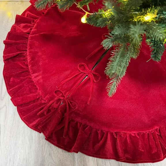 48 Inch Rustic Ruffled Velvet Christmas Tree Skirt with Bowknot,Traditional Holiday Deluxe Large Plush Christmas Tree Skirt Mat Decoration for Merry Christmas Xmas Winter New Year Party