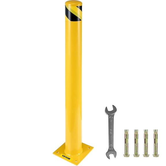 48 Inch Safety Bollard 4.5 Inch OD Yellow Powder Coated Steel Traffic Barrier with 4 Anchor Bolts