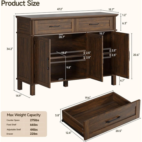 48 Inch Sideboard Buffet Cabinet with Storage, Farmhouse Coffee Bar Cabinet with 4 Drawers, Adjustable Shelves, Wood Sideboard Credenza for Kitchen, Living Room, Entryway, Brown