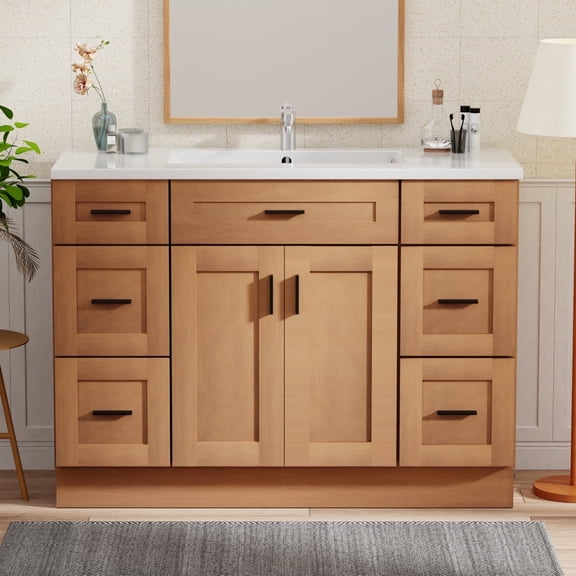 48 Inch Single Bathroom Vanity with Sink Wood Bathroom Floor Cabinet with Drawers and Soft Closing Doors,Large Edge Style