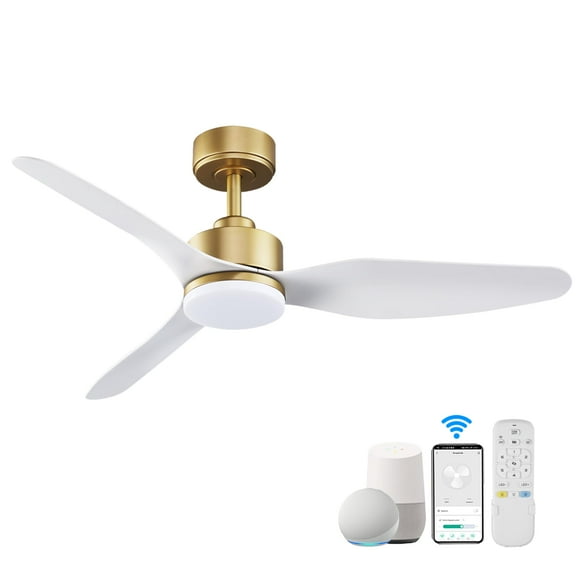 48 Inch Smart Ceiling Fans with Lights and Remote Control,Dimmable LED Light,Outdoor Indoor Gold White Ceiling Fan,Quiet DC Motor,WIFI Alexa App Workable,for Modern Bedroom Living Room Patio