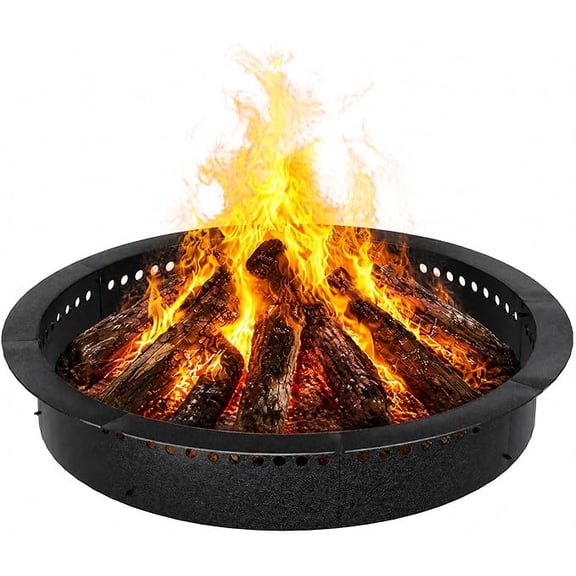 48 Inch Smokeless Fire Pit Ring with Perforated Steel Insert, Heavy Duty Carbon Steel Round Firepit Rim for DIY In-Ground or Above Ground Build, Backyard Garden Camping Bonfire Wood Burning