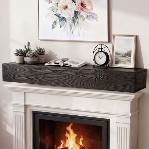 48 Inch Solid Cedar Wood Fireplace Mantel, Wall-Mounted Floating Shelf for Rustic Home Decor, Black