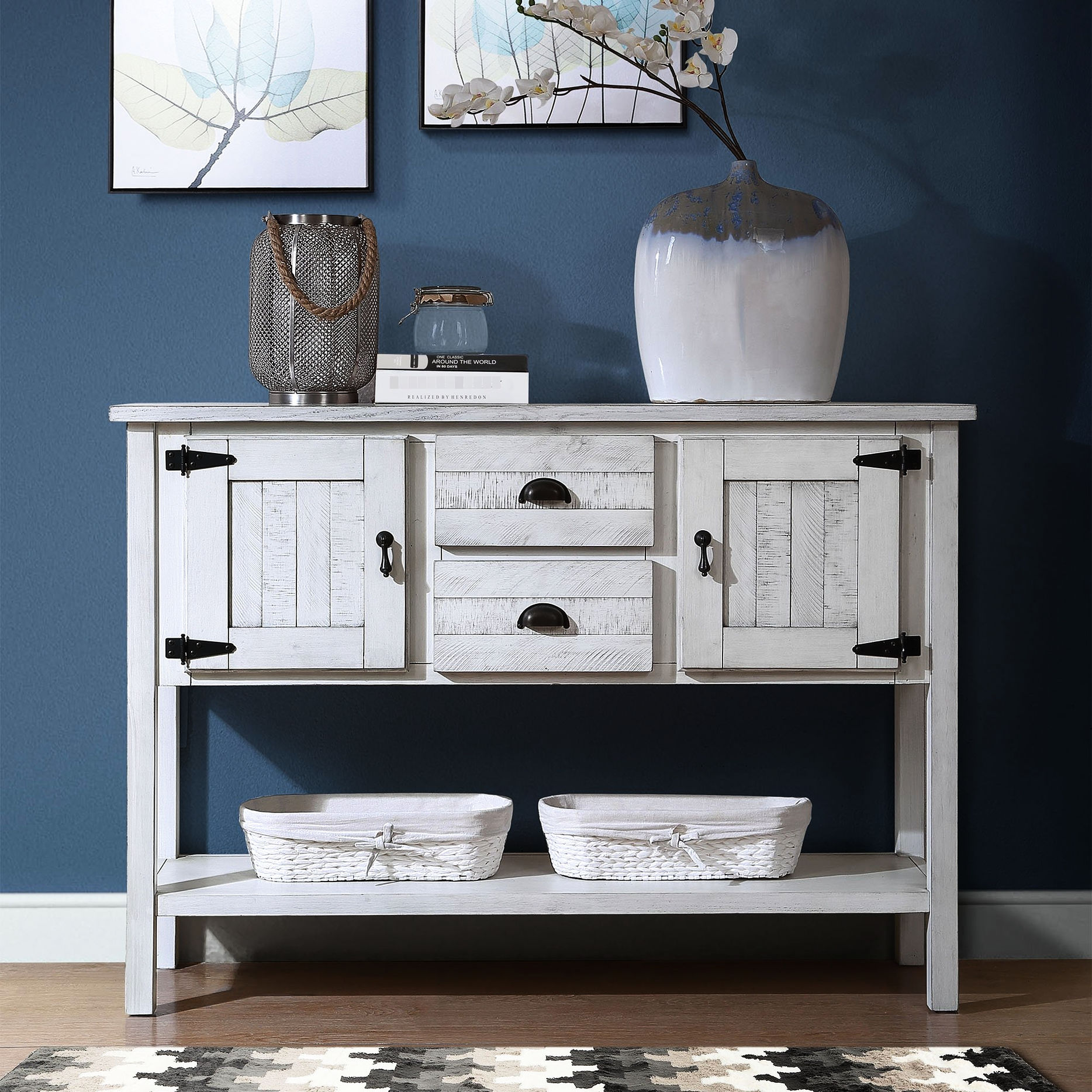 48-Inch Solid Pine Wood Console Table with Drawers and Cabinets for ...