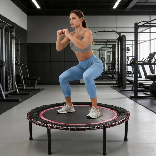 48 Inch Springless Mini Fitness Trampoline for Adults & Kids, 450lbs Capacity Quiet Rebounder with Bungee Ropes, Low Impact Indoor/Outdoor Exercise Equipment, Cardio Jumping Trainer for Home Gym Pink