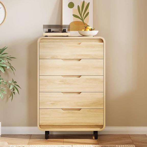 48-Inch Tall 5-Drawer Dresser, Handleless Wooden Chest of Drawers with Removable Legs, MDF Slim Storage Cabinet for Bedroom Living Room Hallway Entryway Closet,Natural wood