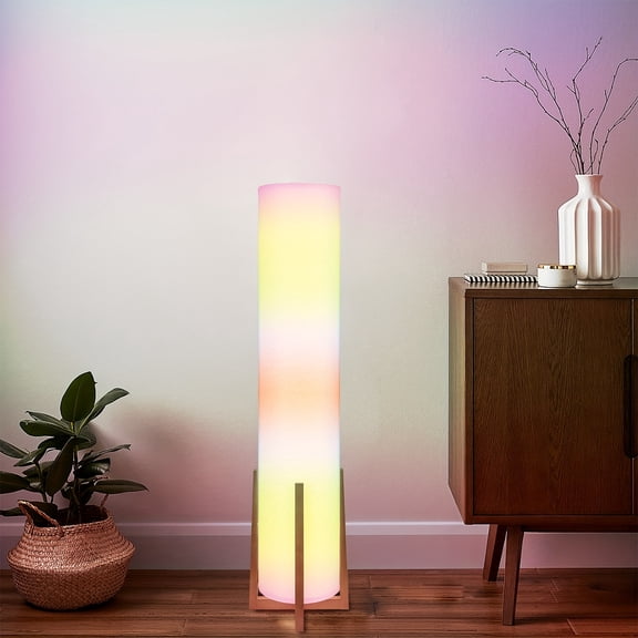 48-Inch Tall RGB LED Floor Lamp with Remote Control, Wood Frame and Linen Fabric Shade, Asian Inspired Decorative Tower Lamp for Bedroom, Living Room, and Office Dcor