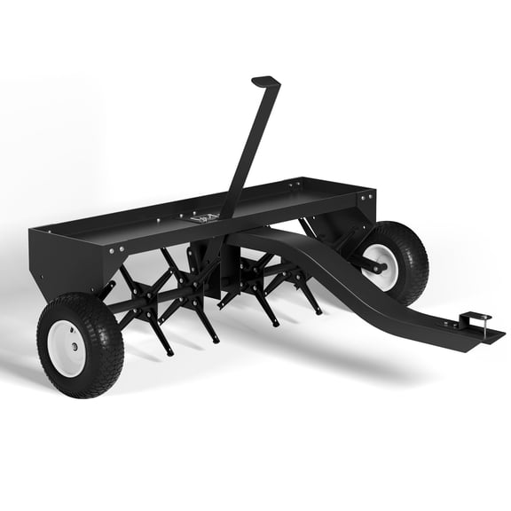 48 Inch Tow Behind Lawn Plug Aerator, Heavy Duty Steel Tines Aerator with Universal Hitch, Inflatable Wheels & Storage Tray, Bonus Gloves Included, Grass Aeration Tool for Garden Lawn Farm