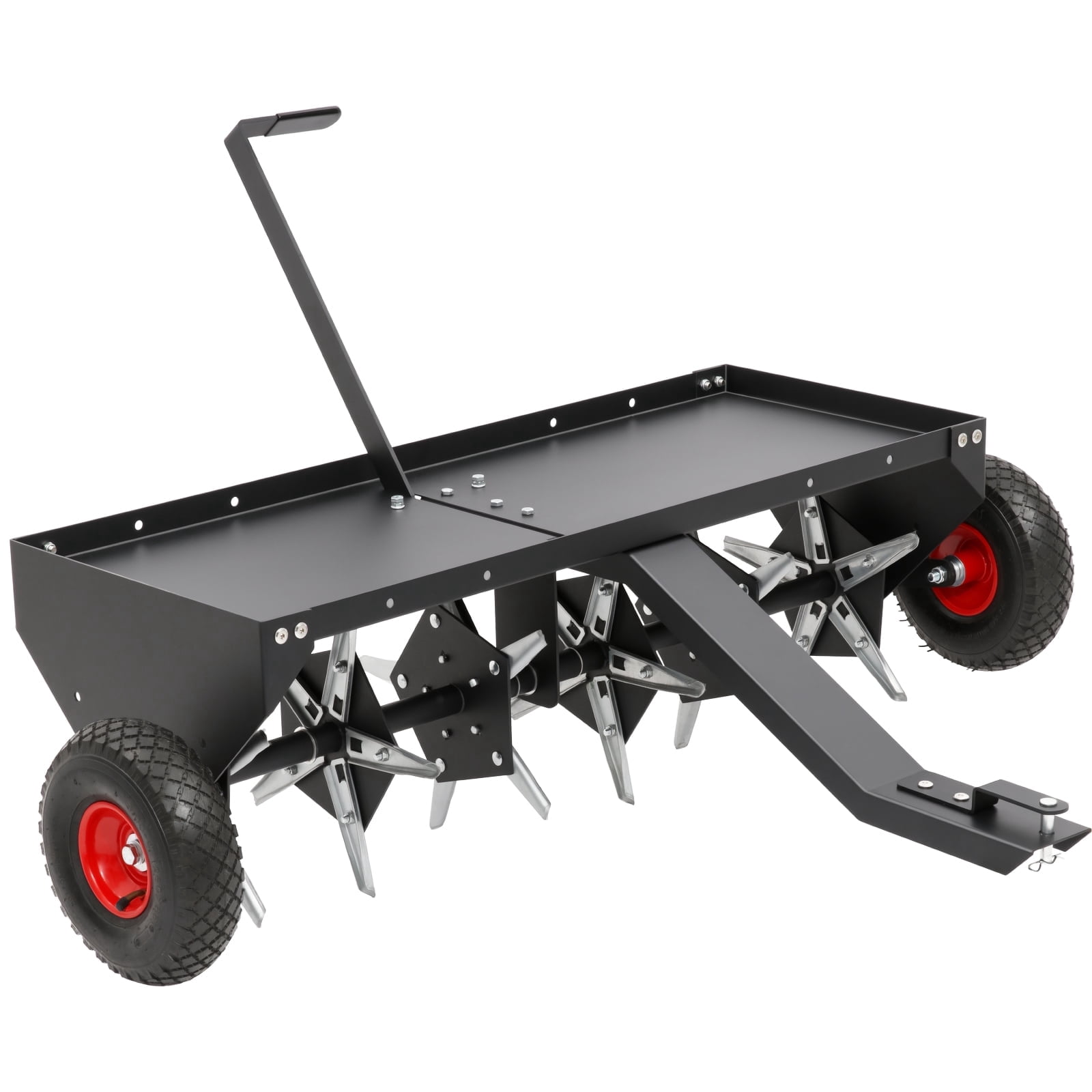 48-Inch Tow Behind Lawn Plug Aerator with Universal Hitch, 30 Galvanized Steel Tines, Weight Tray & Inflatable Wheels for Gardens, Lawns, Farms