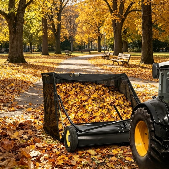 48-Inch Tow Behind Lawn Sweeper with 26 Cu. Ft. Hopper, Adjustable Height and Dump Rope Design