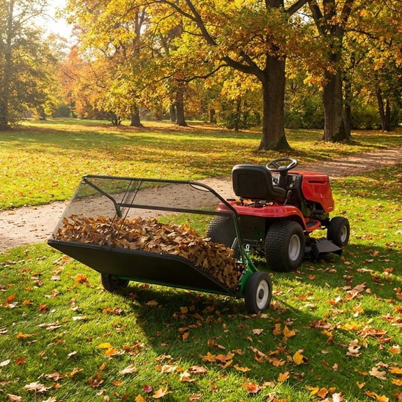 48-Inch Tow-Behind Leaf Collector, 26 Cubic Feet Hopper Lawn Sweeper with 4 Nylon Brushes (10-Inch Diameter), Universal Hitch & Non-Slip Wheels, Black