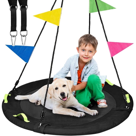 48 Inch Tree Swing Saucer for Whole Family, 900lbs Weight Capacity, Adjustable Hanging Straps, Outdoor Backyard Gift for Kids, Black