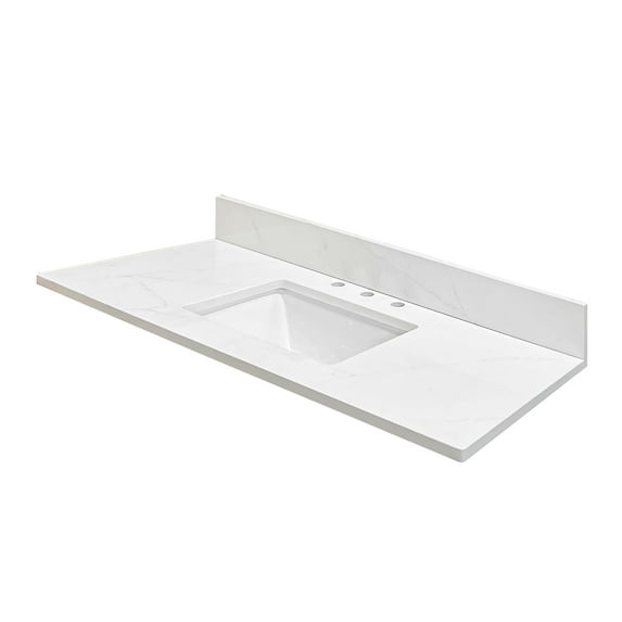 DodreHome Vanity Top with Sink, Quartz Stone White 48" Under-Mounted Sink Bathroom Vanity Top & Backsplash, Three Holes Countertops for Bathroom