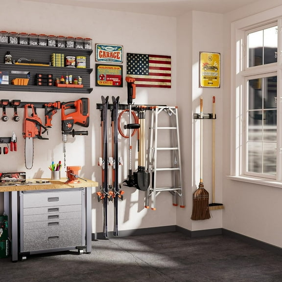 Garage Tool Organizer Wall Mount - 48-Inch Adjustable Heavy Duty Metal Hooks Storage Rack for Rakes, Brooms, Mops