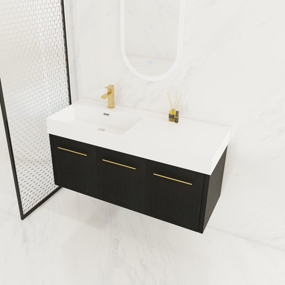48 Inch Wall Mounted Bathroom Sink Vanity, Thick Resin Basin With Soft Closing Hinges, Black Chestnut Color Cabinet Modern Vanity 48", Edged Sink, Plywood Cabinet, Door Hinges