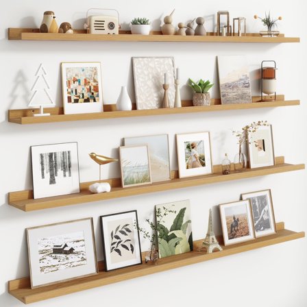 Walnut Modern Wall-Mounted Wooden Picture Ledge Bookshelf Set of Floating Shelves