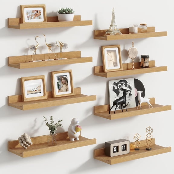 Walnut Modern Wall-Mounted Wooden Picture Ledge Bookshelf Set of Floating Shelves