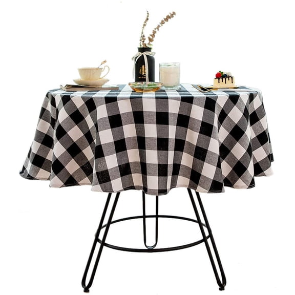 48 Inch White Black Buffalo Plaid Round Tablecloth, Cotton Linen Checkered Table Cover for Home Decor