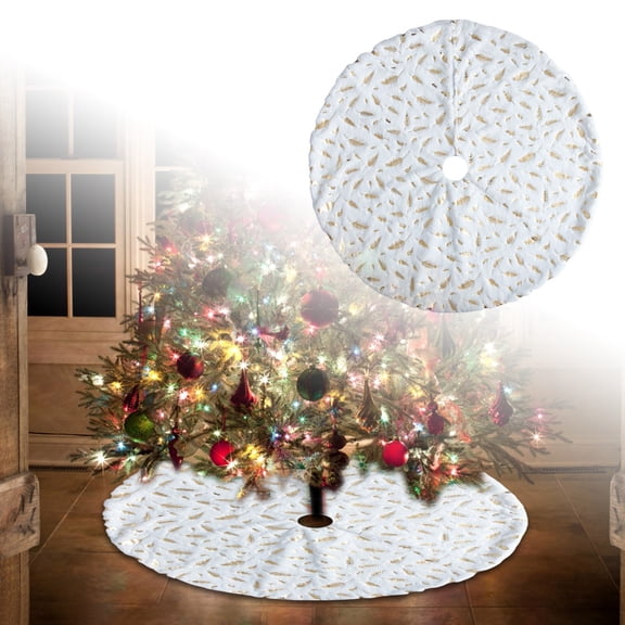 48 Inch White Christmas Tree Skirt - Faux Fur Plush Tree Mat with Sequin & Gold Feathers for Holiday Party Decorations Xmas New Year
