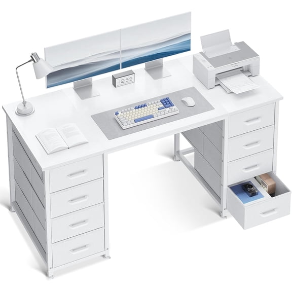 48 Inch White Computer Desk with 8 Fabric Drawers, Modern Office Desk with Large Storage for Home Office, Study, Gaming, White