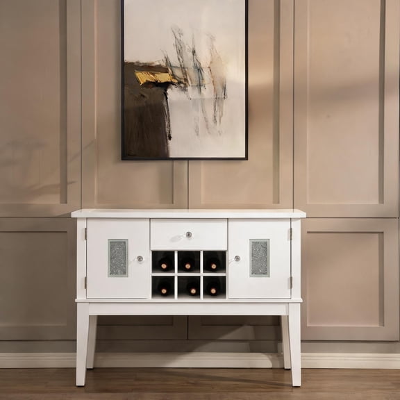 48-Inch White High-Gloss Server with Faux Crystal Diamonds, Contemporary Dining Sideboard Wine Rack