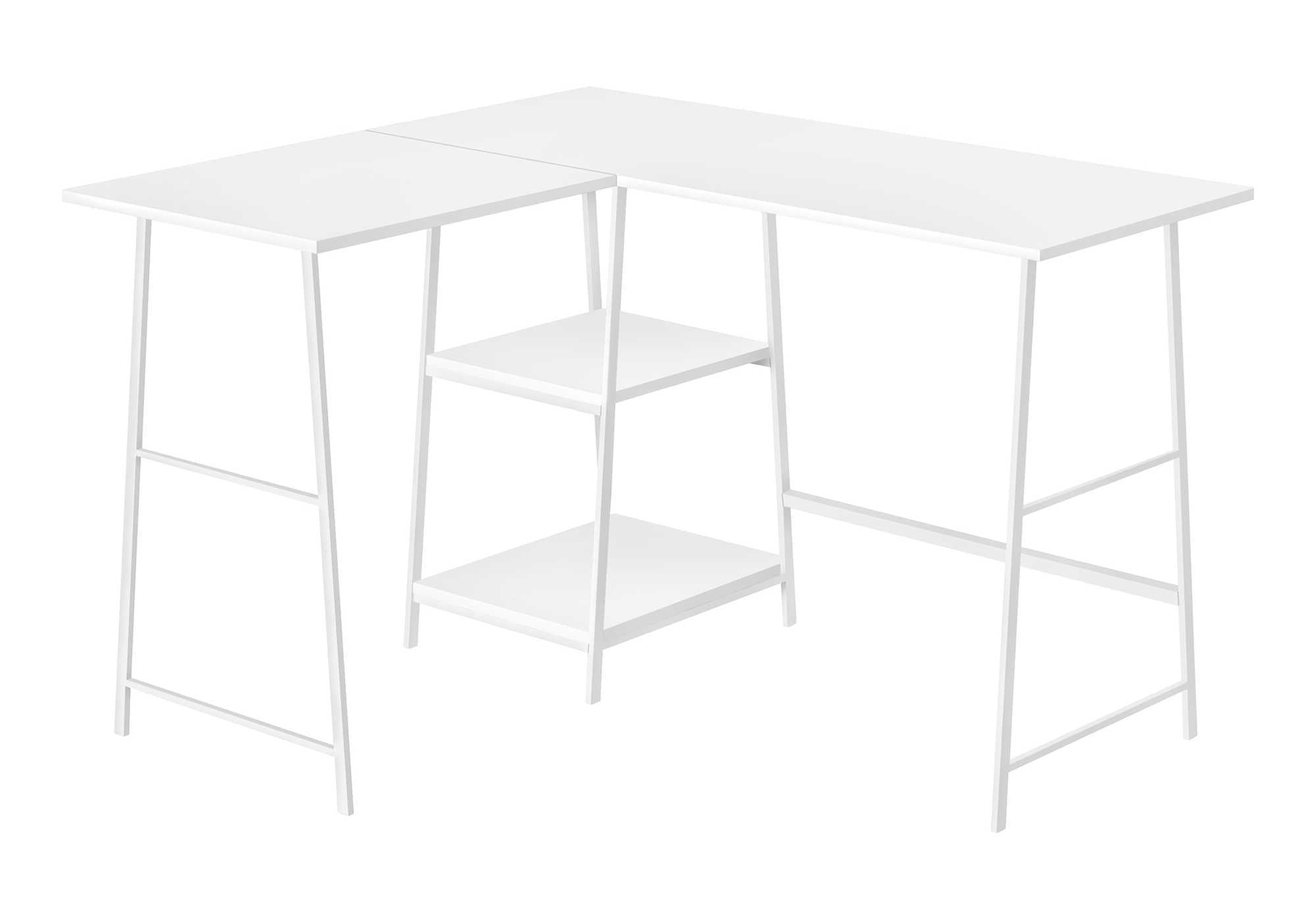 48 Inch White L Shaped Computer Desk with Open Shelves and Metal Frame