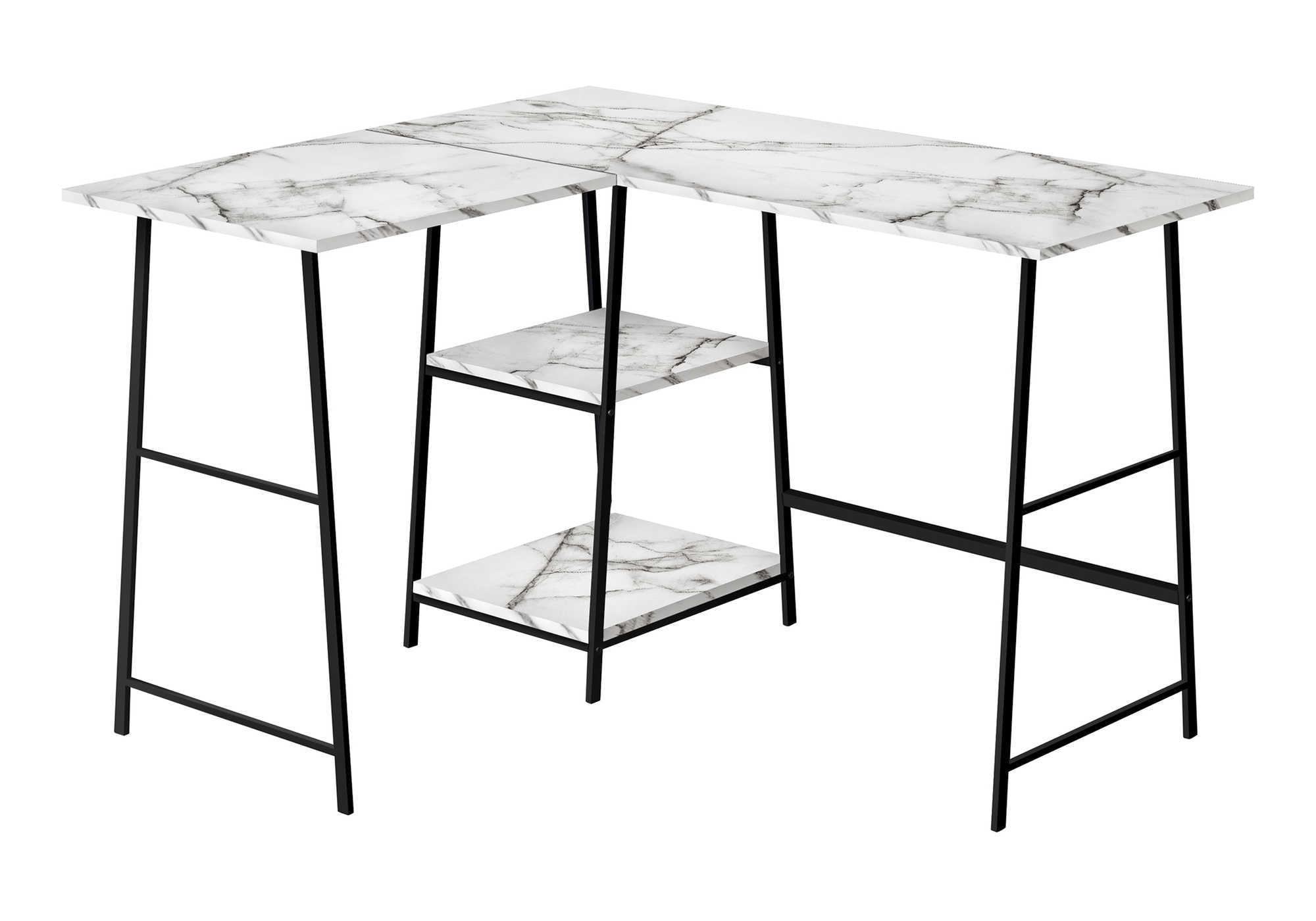 48 Inch White Marble L Shaped Computer Desk with Industrial Metal Shelves