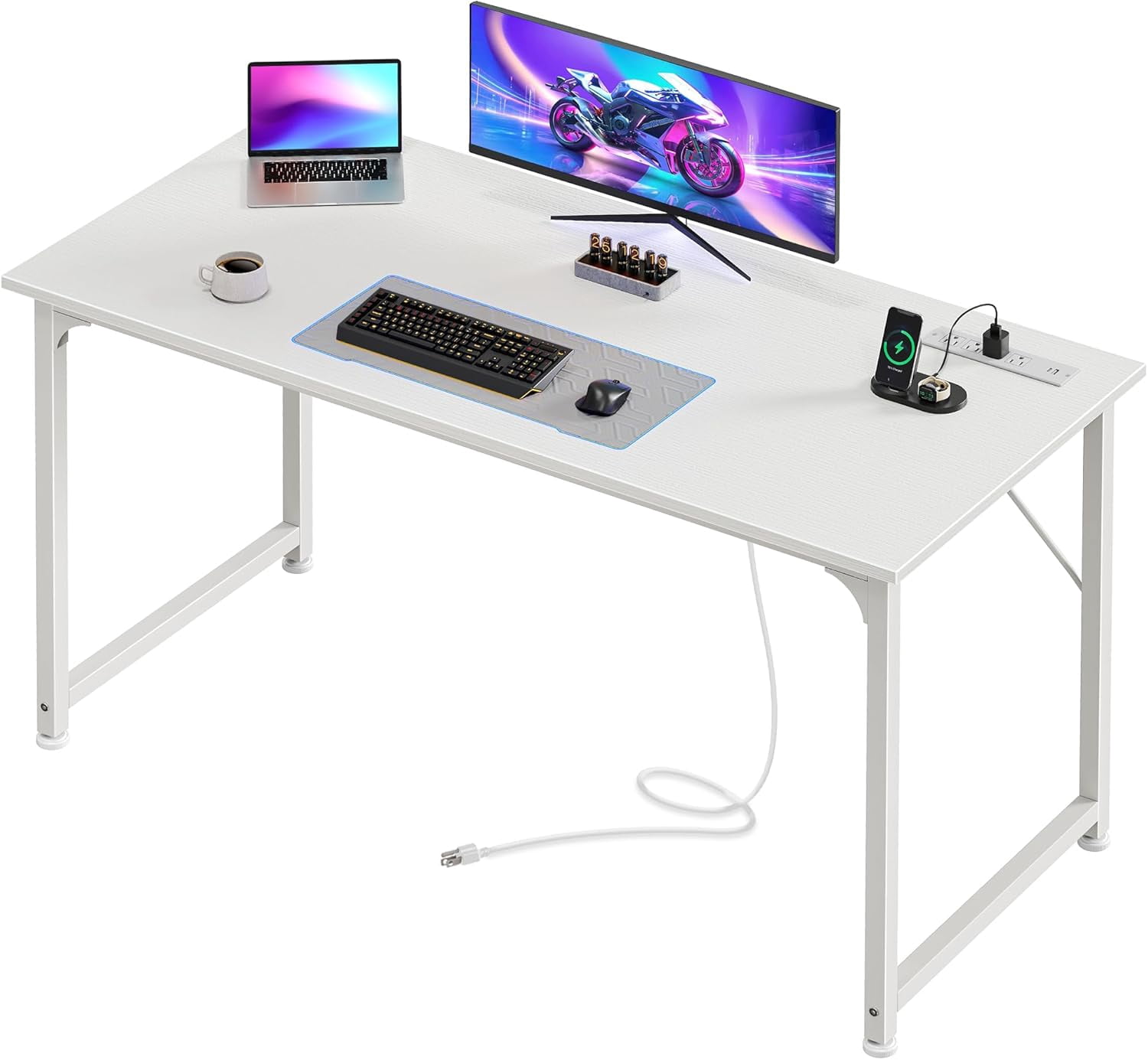 48 Inch White Office Computer Desk with Power Outlets and USB-C Port ...