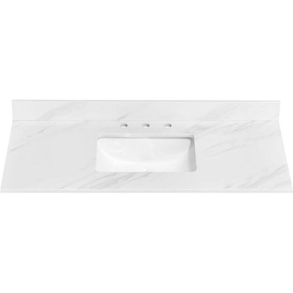 48 Inch White Vanity Top, Engineered Stone Vanity with Sink, 8 inch widespread Faucet Hole and Backsplash, Bathroom Countertop with Middle Sink